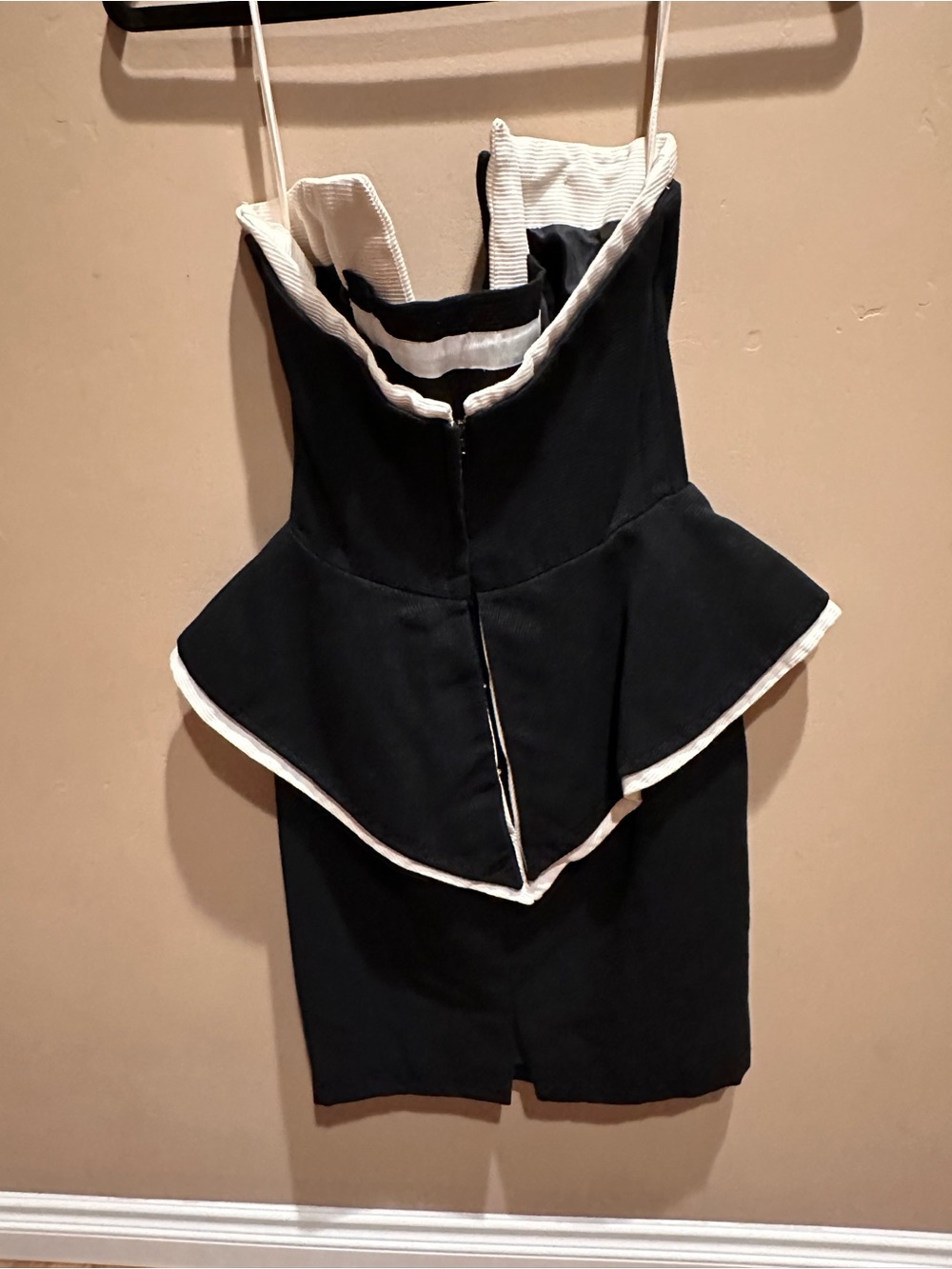 VTG 80s Victor Costa Strapless Peplum Dress Black White Trim Cocktail Mini XS - Picture 4 of 16